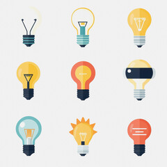 This collection features simple and modern light bulb icons in various styles and colors. Ideal for creative projects, designs, or educational materials.