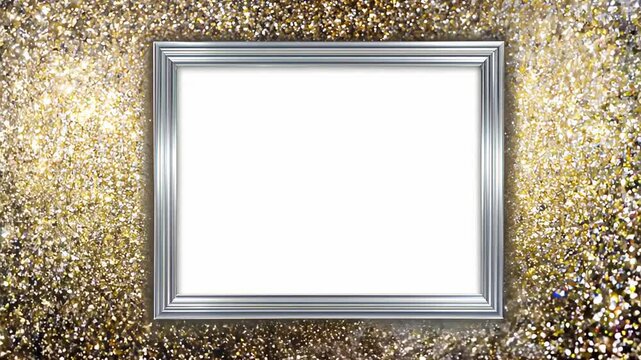 wide silver frame with a background of golden particles, with space for text. Shimmering backdrop