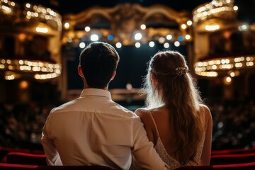Elegant couple embracing in a box watching a beautifully illuminated theater