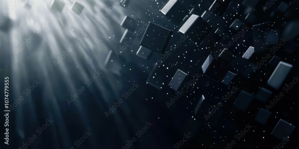 Poster a black and white image of a bunch of cubes with a bright light shining on them
