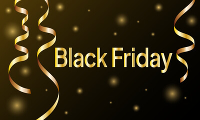 Golden letters Black Friday with golden serpentine and confetti on a dark background