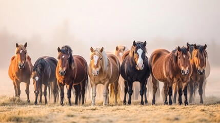 Fototapeta premium Wild Beauty,A Serene Symphony: A Herd of Wild Horses in the Misty Dawn.Concept of freedom, natural beauty, tranquility, untouched nature, wildlife conservation, and eco-tourism.