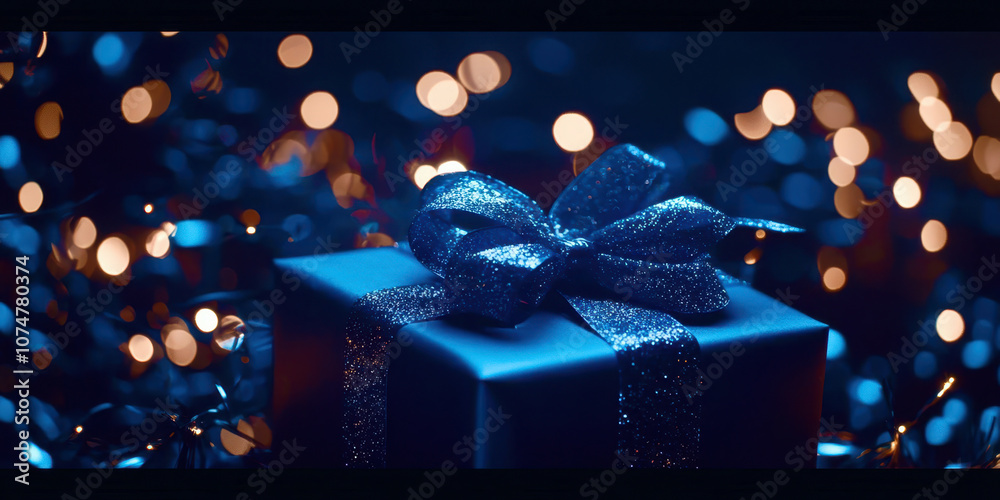 Poster a blue box with a ribbon on top of it
