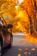 A car is driving down a road with leaves on the ground