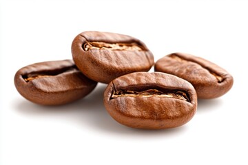 Obraz premium High-Quality Realistic Commercial Coffee Beans on White Background in Soft Focus, Freshly Harvested and Roasted for the Perfect Cup