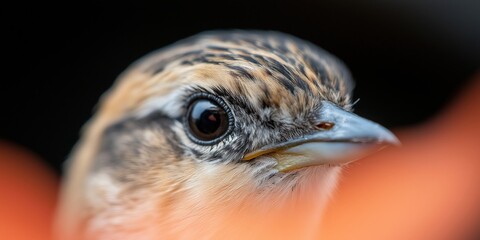 A close-up of a Skylarks face, with its beak slightly open and eyes focused, as if listening intently