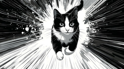 A scene where a black and white cat is speeding up and running towards you.