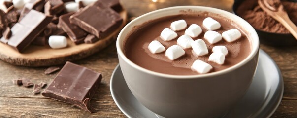 A cozy bowl of hot chocolate topped with marshmallows, perfect for warming up.
