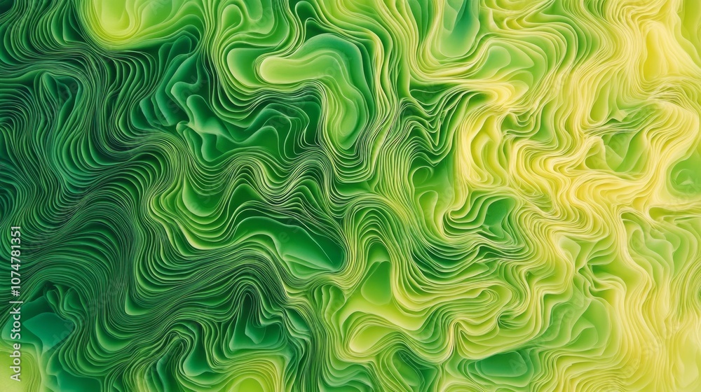 Poster a green and yellow abstract painting with many lines and shapes