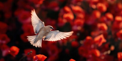 Obraz premium An overhead view of a Corn Bunting fluttering just above a field of poppies, its wings spread wide in motion