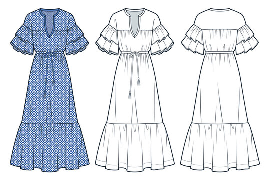 Ruffle Sleeve Dress technical fashion illustration, floral design. Tiered Dress fashion flat technical drawing template, drawstrind waist, front and back view, white, blue, women CAD mockup set.