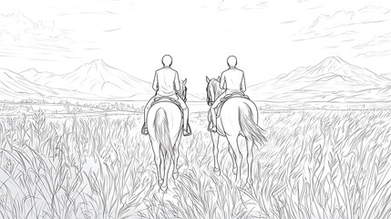 Two Riders on Horses Exploring a Scenic Landscape Surrounded by Mountains, Fields, and a Clear Sky - A Serene Outdoor Adventure