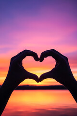 Fototapeta premium A pair of hands forming a heart shape over a body of water