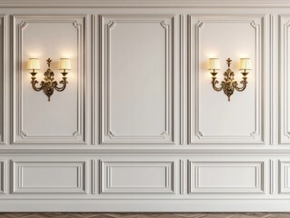 Luxurious oyster wall, wooden panels, gold sconces, refined 3D look.