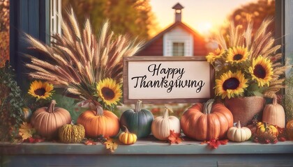 A warm and cheerful Thanksgiving welcome sign featuring "Happy Thanksgiving" framed by festive pumpkins, corn, and fall leaves.