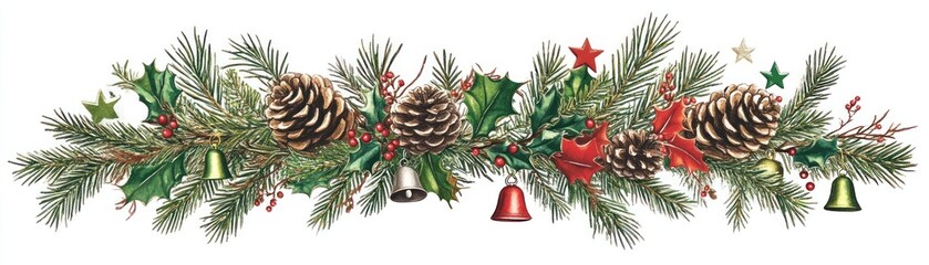 A festive arrangement featuring pinecones, holly, and bells, perfect for holiday decoration.