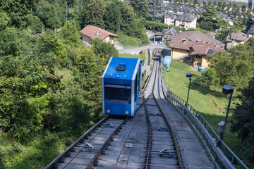 Fototapeta premium The newly refurbished and re opened Funicular Railway in San Pellegrino Terme, Bergamo, Italy. Looking down towards the town and river Brembo. With copy space.