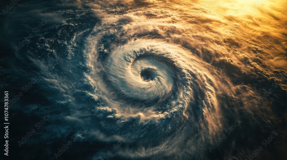 Poster A hurricane is rapidly developing over the vast ocean, featuring a defined eye and swirling cloud formations indicative of strong winds. Generative AI