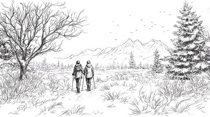 Serene Black and White Illustration of a Couple Walking Through a Snowy Landscape with Mountains, Trees, and a Calm Lake in Nature's Embrace