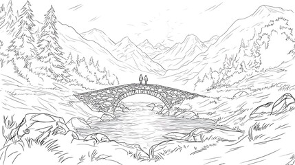 Obraz premium Serene Mountain Landscape with a Stone Bridge and Two Silhouettes Amidst Nature's Beauty, Perfect for Relaxation and Escape to Tranquility