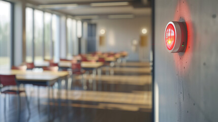 A fire alarm mounted on a wall in a modern office or school setting with natural light, emphasizing workplace or educational safety measures.