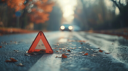 A warning triangle placed on a wet road with blurred headlights of an approaching car in the background, symbolizing roadside safety and caution.