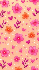 Fototapeta premium Vibrant Floral Pattern with Pink Flowers, Hearts, and Leaves on a Warm Background, Perfect for Creative Projects, Textiles, and Digital Designs