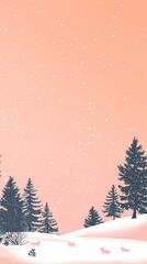 Naklejka premium Serene Winter Landscape with Snow-Covered Trees and Gentle Snowfall Under a Soft Pink Sky Perfect for Seasonal and Nature Themes
