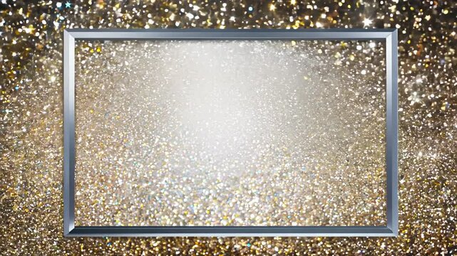 thin metallic frame with a background of golden glitter particles.