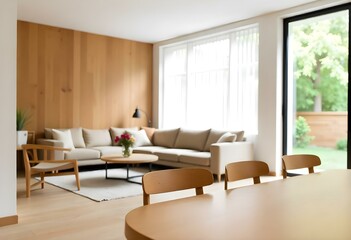 Fototapeta premium A modern living room with wooden walls , a round wooden coffee table , and a wooden dining table with chairs . The room has large windows providing natural light and a minimalist, cozy atmosphere