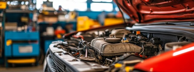 Fototapeta premium Under the Hood: A Mechanic's Detailed Examination.Concept of vehicle maintenance, car repair, automotive industry, mechanical engineering.