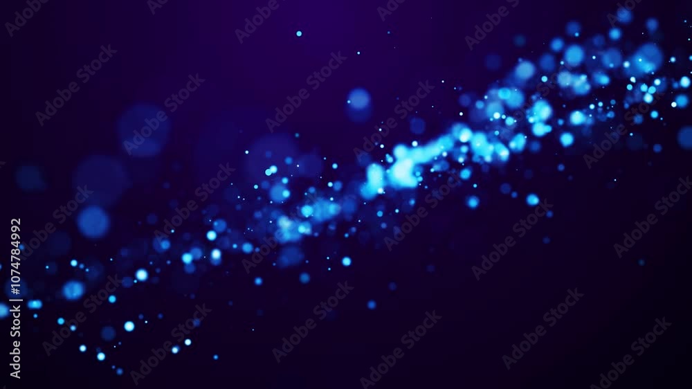 Wall mural blue glow particles float in viscous liquid with bokeh. magical sparkles of light form abstract stru