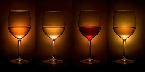 Four different colored wine glasses are lit up in a dark background