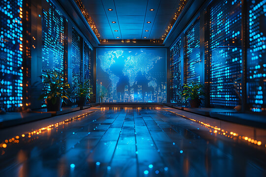 Futuristic office setting with digital holographic - Powered by Adobe