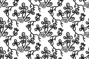 Abstract floral botanical seamless pattern vector illustration. Outline black trendy artistic plants on white background. Graphic design for fashion textile cover wrapping pack wedding invitation card