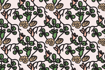 Abstract floral botanical seamless pattern vector illustration.Trendy artistic plants on beige background. Graphic design for fashion textile cover wrapping pack wedding invitation greeting card flyer