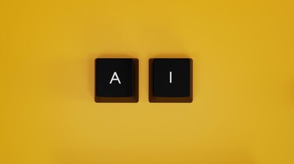 Creative 3D Illustration keyboard key of artificial intelligence on yellow  Background