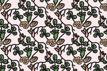 Abstract floral botanical seamless pattern vector illustration.Trendy artistic plants on beige background. Graphic design for fashion textile cover wrapping pack wedding invitation greeting card flyer