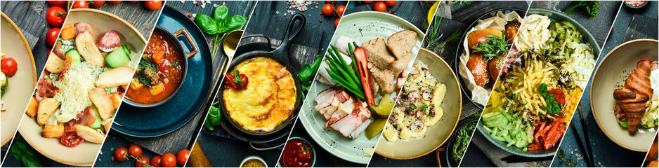 Collage. Assortment of dishes from different countries of the world. Food and snacks.