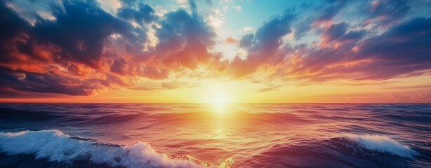 Colorful sunset with dramatic sky over the ocean. Beautiful natural landscape background.
