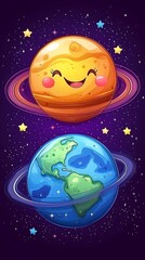 Naklejka premium Colorful Illustration of Cheerful Planet with Smiling Face and Beautiful Earth Surrounded by Stars in a Cosmic Space Background for Kids' Art and Educational Material