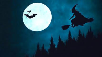 A whimsical silhouette of a witch on a broomstick flies against a vibrant moonlit sky, surrounded by playful bats and jagged treetops, evoking magic and Halloween spirit.