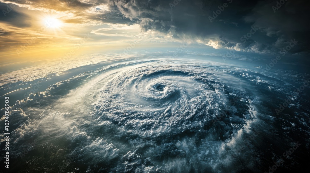 Poster a massive hurricane intensifies in the ocean, surrounded by swirling clouds and illuminated by early