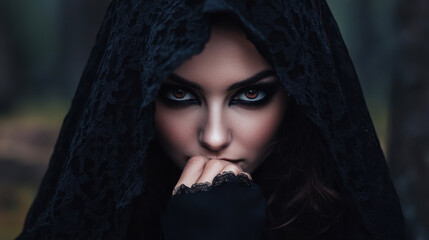An Evocative Portrait of a Beautiful Vampire Woman in a Dark Cloak Surrounded by Mysterious Forest Setting, Highlighting Intriguing Expressions and Enigmatic Aura