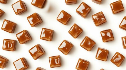 Fototapeta premium A minimalist arrangement of caramel cubes, evenly spaced and glossy, contemporary and photorealistic, isolated on white background