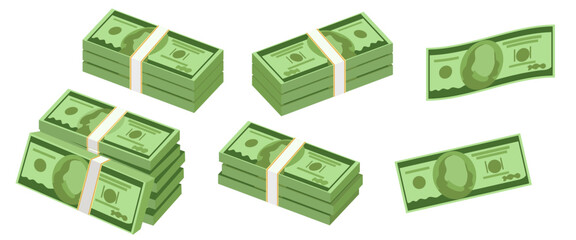 Bunches of money in cartoon 3d style. Set of different packs of dollar bills. Vector illustration.