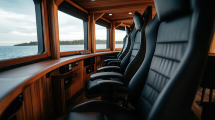 a refined boat interior with sleek black ergonomic chairs by a panoramic window. Warm wood and inviting lighting enhance the serene backdrop of calm waters and greenery.