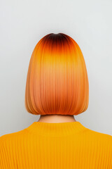 A woman with orange hair is wearing a yellow shirt