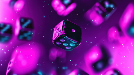 A striking digital translucent dice floating in an abstract space, reflecting vibrant purple and blue hues. Sparkling particles enhance the dynamic feel, perfect for gaming or nightlife themes.