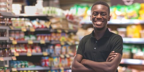 Black cashier grocery smiling happy.